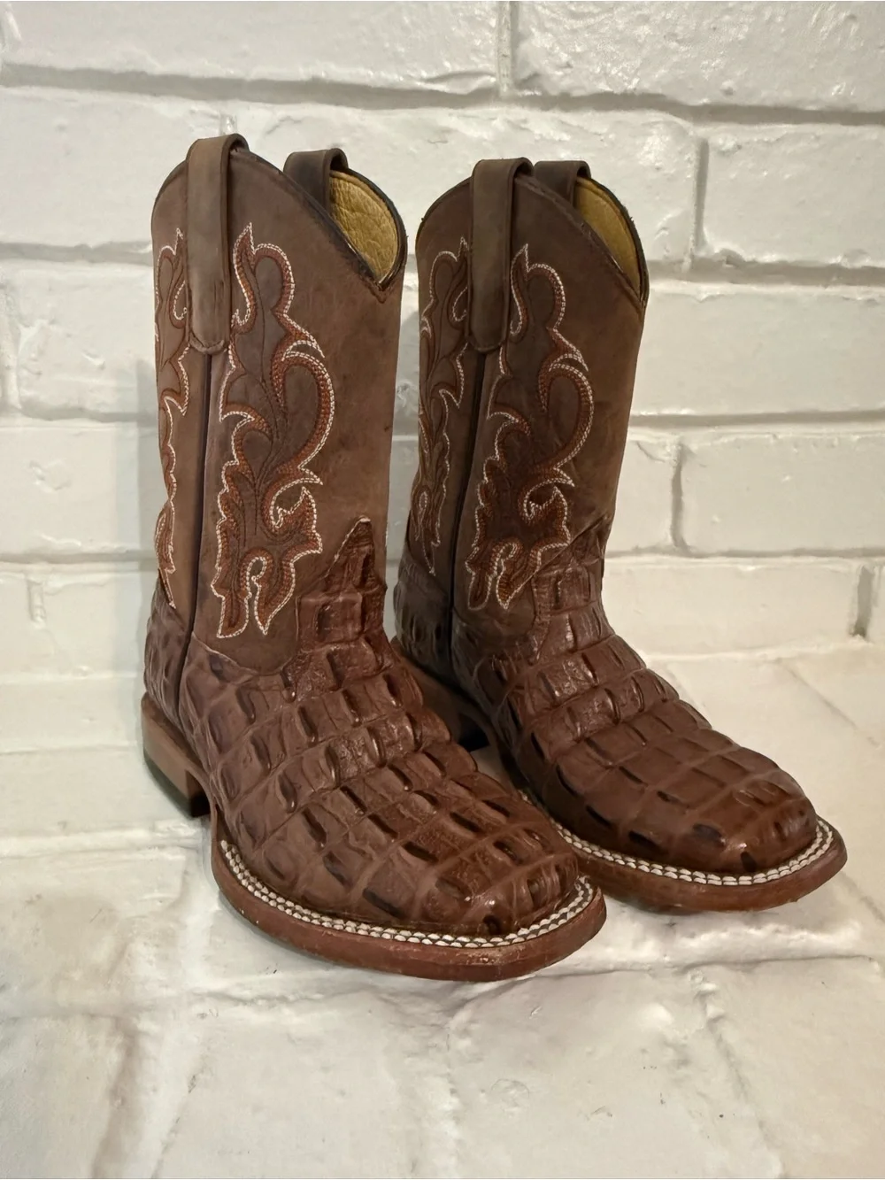 HP Kids Brown Croc-Embossed Western Cowboy Boots Size 13